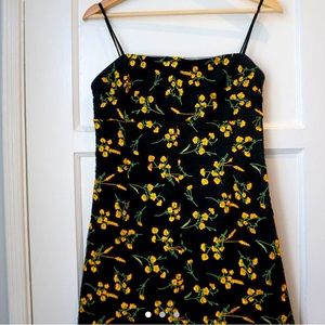 urban outfitters spaghetti strap yellow flower black background fitted dress